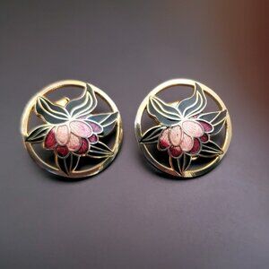 Vintage 90s Gold Tn Pink Black Openwork Floral Cloisonne Enamel Clip on Earrings
